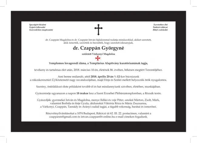 Czappán Györgyné sz. Várkonyi Magdolna dámánk temetése 2018. április 20.