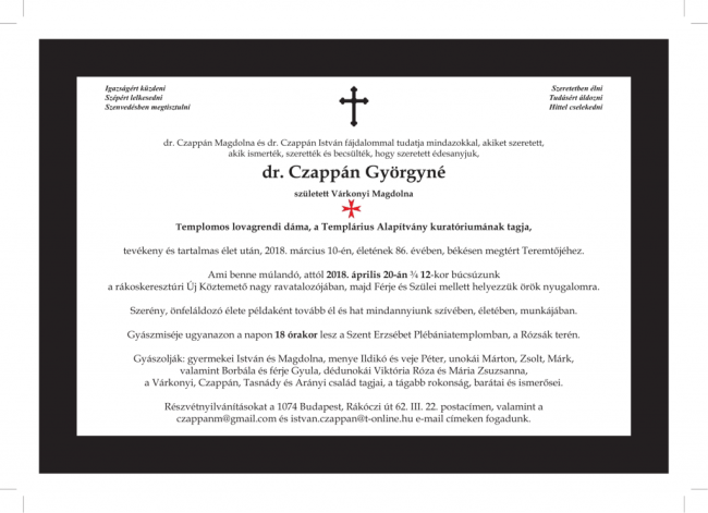 dr. Czappán Györgyné született Várkonyi Magdolna az Örök Hazába költözött